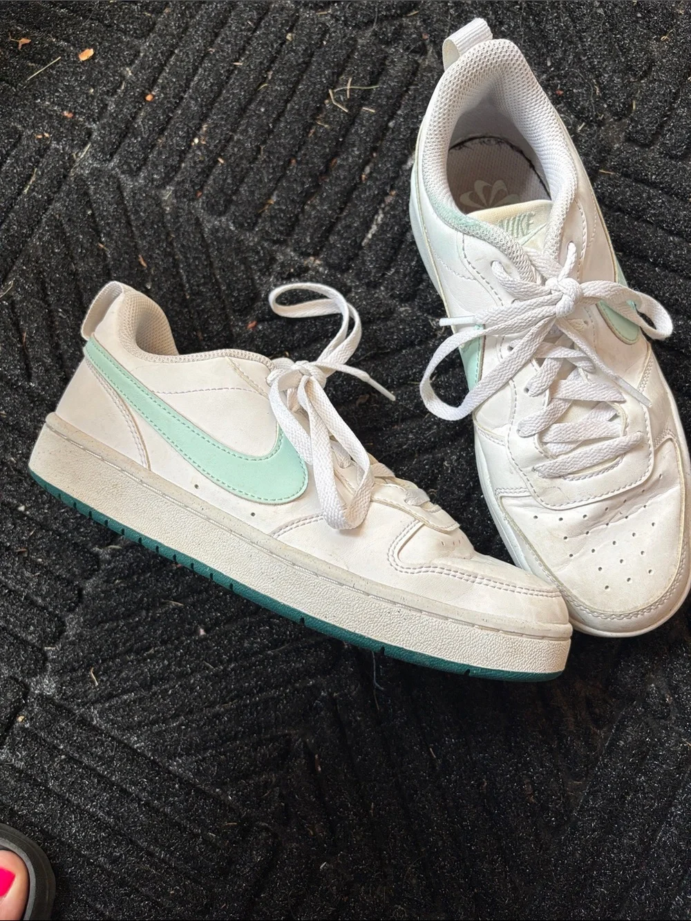 Nike Women's White Sneakers with Mint Swoosh and Teal Outsole